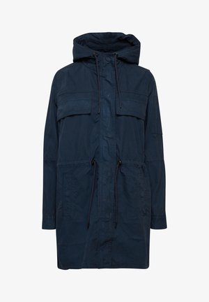 Tumedat sinise kapuutsiga jakk, millel on kaks esist pockets, reguleeritav nööriga vöökoht ja pehme, tekstuurne kangas. Puhkuse ja mugavuse jaoks mõeldud lõige.