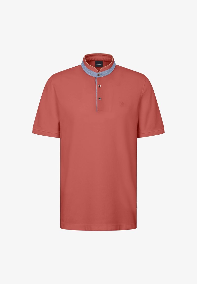Short-sleeve polo shirt in coral with a collar featuring a light blue trim, three-button placket, and subtle logo detail on the front.