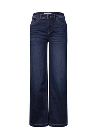 Jeans à jambe large en denim bleu foncé, avec une taille haute, deux poches avant et des détails de couture subtils. Design classique à cinq poches.
