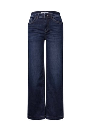 Jeans à jambe large en denim bleu foncé, avec une taille haute, deux poches avant et des détails de couture subtils. Design classique à cinq poches.