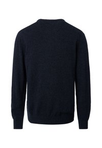 Marineblauer Strickpullover mit langen Ärmeln, geripptem Saum und Bündchen; glatte Textur und runder Ausschnitt. Die Rückansicht zeigt eine gleichmäßige Stoffbeschaffenheit.