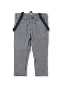 Gestreepte broek in marineblauw en wit met bretels, voorzien van een knoopsluiting en een slim fit ontwerp. Zacht materiaal en rechte pijpen.