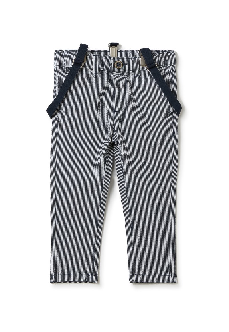 Gestreepte broek in marineblauw en wit met bretels, voorzien van een knoopsluiting en een slim fit ontwerp. Zacht materiaal en rechte pijpen.