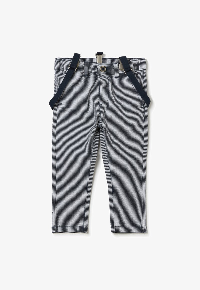 Gestreepte broek in marineblauw en wit met bretels, voorzien van een knoopsluiting en een slim fit ontwerp. Zacht materiaal en rechte pijpen.