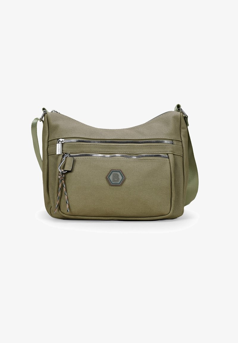 Bolso bandolera de color verde oliva hecho de material texturizado, con dos bolsillos frontales con cremallera, una insignia de logo hexagonal y correa ajustable.