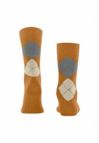Calze marroni con motivi a losanga grigi e beige, mostrate frontalmente e sul retro su uno sfondo bianco.