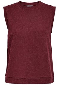 Haut tricoté bordeaux sans manches avec un motif floral texturé subtil et un col rond.