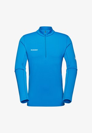 Niebieski polarowy sweter z wysokim kołnierzem i zamkiem błyskawicznym na ćwierć długości. Posiada długie rękawy i logo na klatce piersiowej. Gładka tekstura.