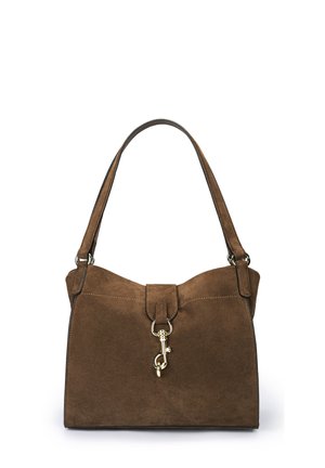 Brown suede shoulder bag with a top handle and a gold metal clasp closure at the front.