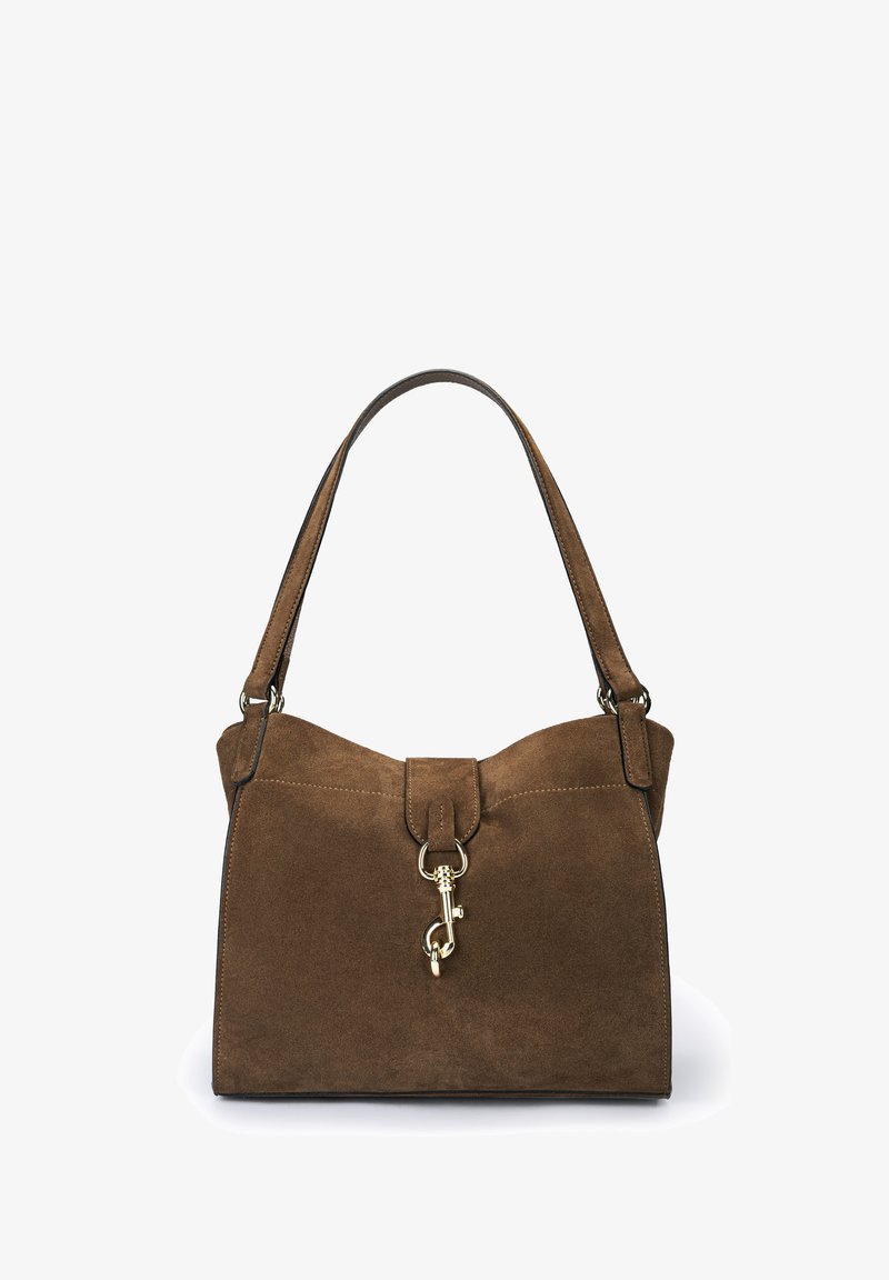 Brown suede shoulder bag with a top handle and a gold metal clasp closure at the front.