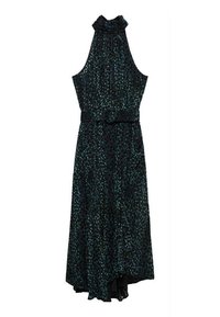 Ärmelloses Kleid in dunkeltürkis mit einem gemusterten Design aus unterschiedlich großen Punkten, ausgestattet mit einem hohen Kragen und einer taillierten Taille, die mit einem dekorativen Gürtel betont wird.