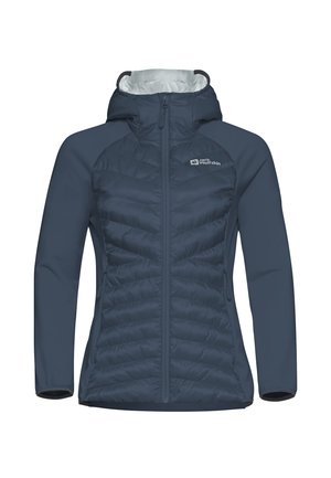 Giacca isolante di colore blu scuro con zip frontale, cappuccio e fodera in grigio chiaro a contrasto. Presenta un design trapuntato e tasche laterali.