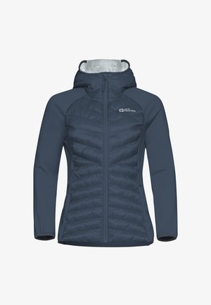 Dark blue insulated jacket with a zip front, hood, and contrasting light gray lining. Features quilted design and side pockets.
