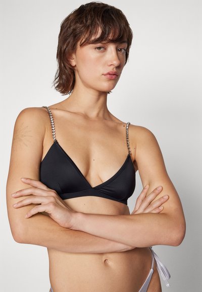 Black triangle bikini top with textured fabric and jeweled shoulder straps. Smooth surface and minimal design with V-shaped neckline.