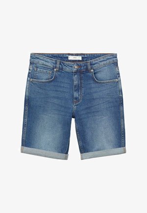 Denim kratke hlače v srednji modri barvi z rahlo obrabljenim videzom. Imajo zavihane hlačnice, pet žepov in sprednje zapiranje na gumb.