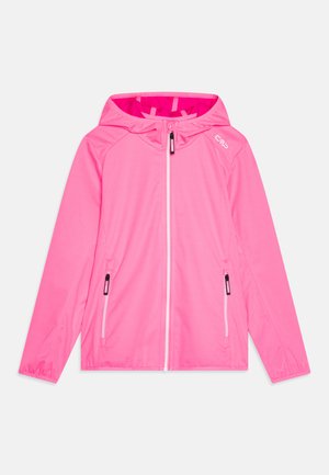 Giacca leggera rosa con cappuccio, dotata di zip frontale, due tasche laterali e una superficie liscia. Dettagli riflettenti sulla zip.