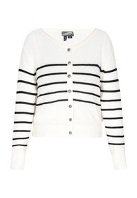 Witte gebreide cardigan met zwarte strepen, v-halslijn en knoopsluiting. Heeft een cropped ontwerp en geribbelde manchetten.