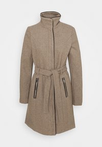 Cappotto marrone a motivo houndstooth con colletto alto, bordi neri, cintura in vita e due tasche laterali con zip. Realizzato in materiale tessuto testurizzato.