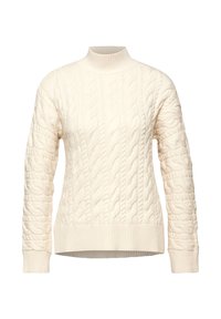 Sweter w kolorze kremowym, tkany w wzory warkoczowe, z wysokim kołnierzem, ściągaczami przy mankietach i u dołu. Posiada strukturalne wzory na rękawach i korpusie.