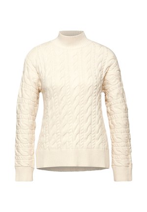 Suéter de punto trenzado de color crema con cuello alto, puños y dobladillo acanalados. Presenta patrones texturizados en las mangas y el cuerpo.