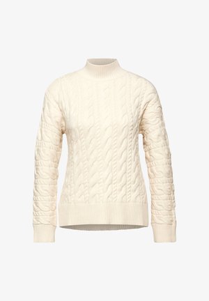 Krämfärgad kabelstickad tröja med hög hals, ribbade muddar och nederkant. Har strukturerade mönster på ärmarna och kroppen.