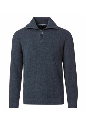 Pullover-Sweater in dunklem Marineblau, aus strukturiertem Strickmaterial mit einem Viertelreißverschluss-Kragen und langen Ärmeln. Schlichte, klassische Designdetails.