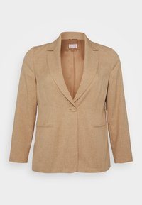 Beige linnblazer med notchad krage, enkel knappstängning och två framfickor. Slät textur och skräddarsydd passform med långa ärmar.