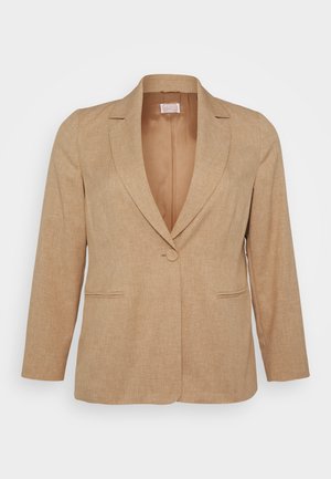 Beige lin blazer med spiss revers, enkel knappåpning og to frontlommer. Glatt tekstur og skreddersydd passform med lange ermer.