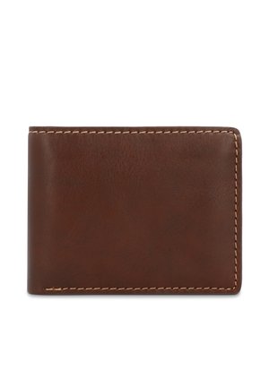 Bruine leren bifold-portemonnee met zichtbare beige stiksels langs de randen, gesloten, getoond op een witte achtergrond.