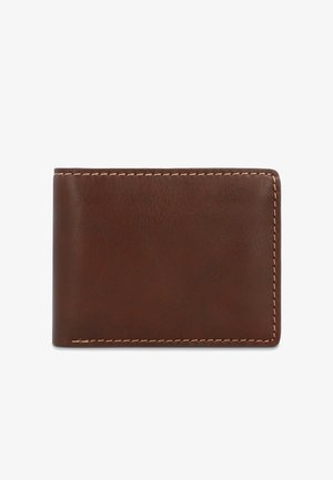 Brown leather bifold wallet with visible beige stitching along edges, closed, shown on white background.