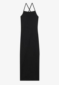 Robe en tricot noir avec des bretelles spaghetti croisées réglables, silhouette ajustée, longueur mi-mollet. Texture lisse, sans motifs ni accents supplémentaires.