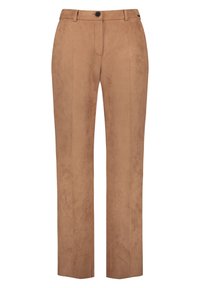 Proste, zamszowe spodnie o prostych nogawkach w kolorze brązowym, z szlufkami na pasek, z przodem zapinanym na guzik i bez widocznych kieszeni.