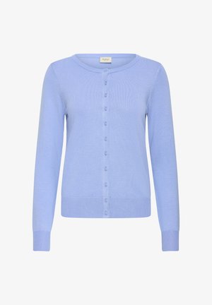 Svetlo modra jopica iz mehke pletene tkanine, z okroglim izrezom, dolgimi rokavi, sprednjim zapenjanjem na gumbe ter rebrastimi manšetami in robom.