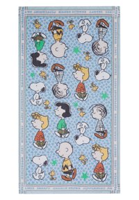 Katoenen sjaal met Snoopy en Peanuts-personages op een lichtblauwe achtergrond, met speelse ster- en hartaccenten.