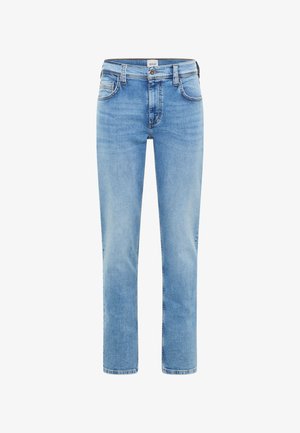 Vaqueros de mezclilla azul claro con un diseño de pierna recta, cinco bolsillos y cremallera en la parte delantera. Presentan un sutil bordado y un ligero desgaste.