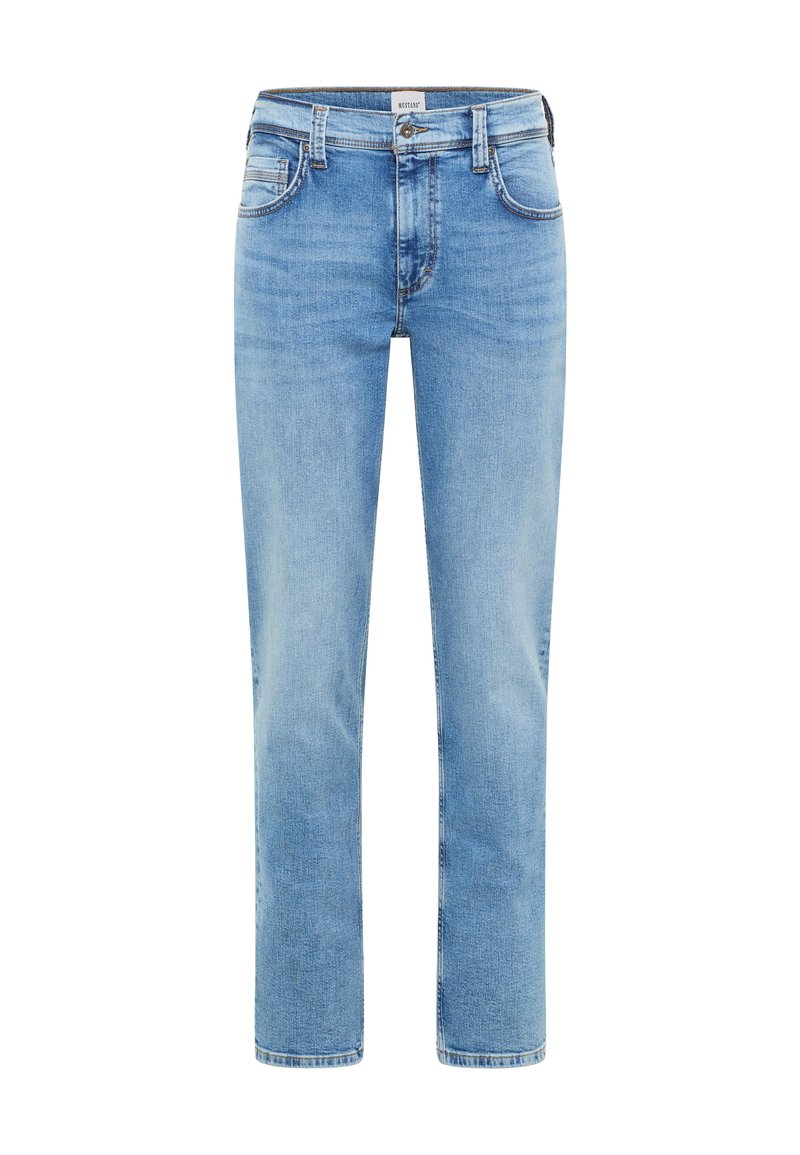 Šviesiai mėlynos džinsinės kelnės su tiesiu kojų dizainu, penkiomis kišenėmis ir užtrauktuku priekyje. Pabrėžia subtilų siuvinėjimą ir švelnų blukimą.