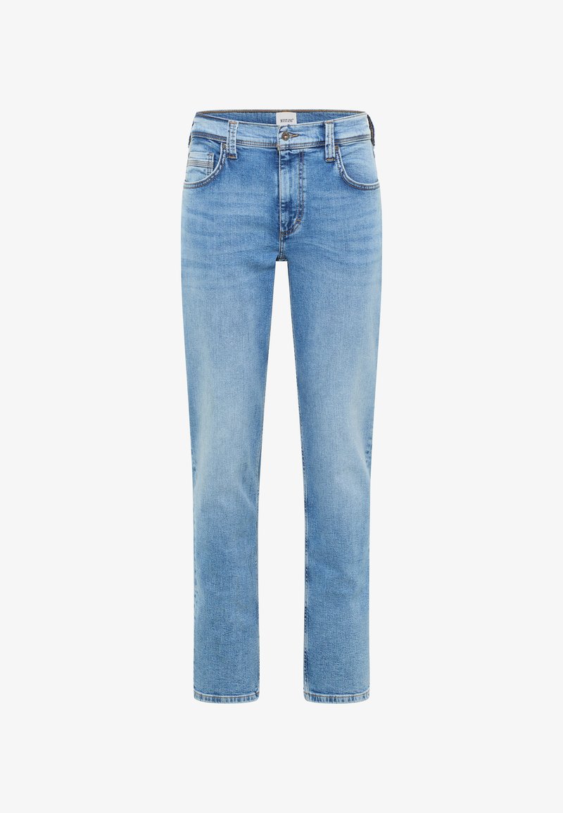 Šviesiai mėlynos džinsinės kelnės su tiesiu kojų dizainu, penkiomis kišenėmis ir užtrauktuku priekyje. Pabrėžia subtilų siuvinėjimą ir švelnų blukimą.