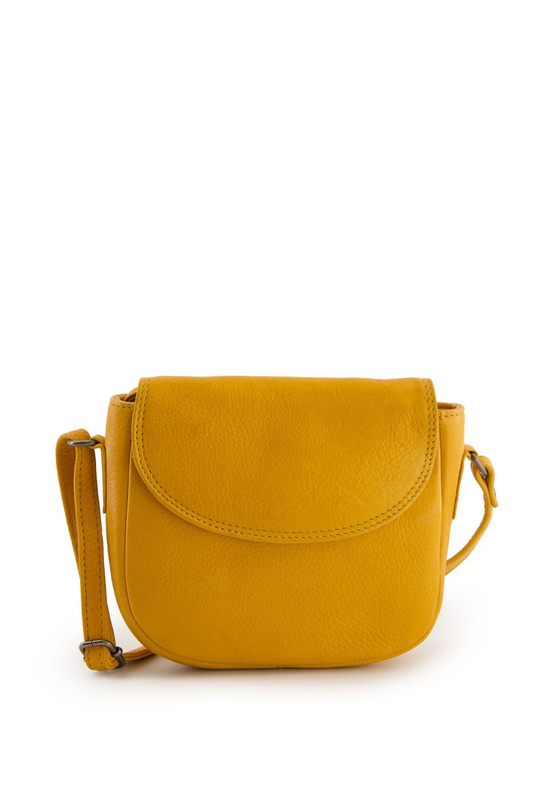 Gelbe Leder-Crossbody-Tasche mit runder Form, Klappenverschluss und verstellbarem Tragegurt. Strukturierten Oberfläche mit sichtbaren Nähdetails.