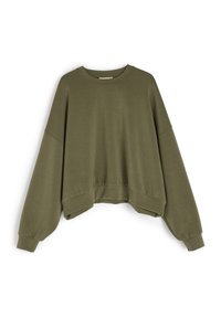 Oliwkowy, krótki sweatshirt wykonany z miękkiego materiału. Posiada szerokie rękawy i okrągły dekolt. Gładka tekstura z luźnym krojem.