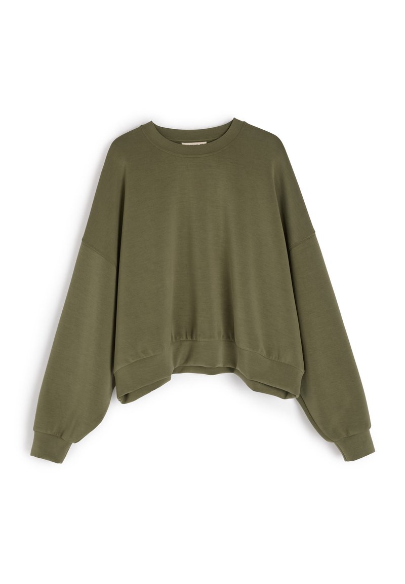 Oliwkowy, krótki sweatshirt wykonany z miękkiego materiału. Posiada szerokie rękawy i okrągły dekolt. Gładka tekstura z luźnym krojem.