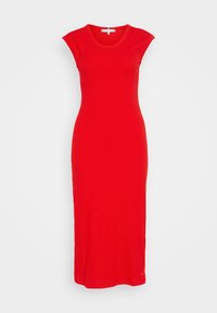 Punainen, hihaton, ribbikudottu maksimekko, jossa on pyöreä kaula-aukko, tiukka malli ja nilkkapituinen muotoilu. Mekossa on pieni logo helman läheisyydessä.