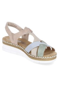 Beige and pastel blue women's wedge sandal with adjustable ankle strap, cushioned footbed, woven detailing, and white rubber sole.