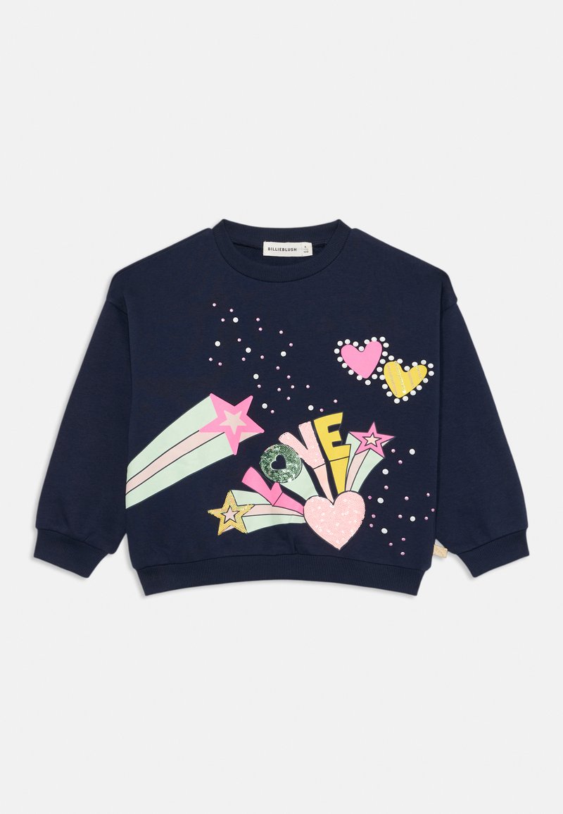Sudadera de algodón en color navy que presenta gráficos de estrellas y corazones coloridos con acentos de purpurina y el texto "AMOR" en colores vibrantes. Cuello redondo y puños acanalados.