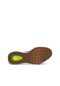 Suola delle scarpe Ecco in gomma con base marrone, accento verde e motivo di trazione circolare. Taglia 43 indicata sul lato.