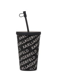 Vaso decorativo negro con tapa y popote negro, cubierto de cristales brillantes que forman el texto repetido "KARL LAGERFELD."