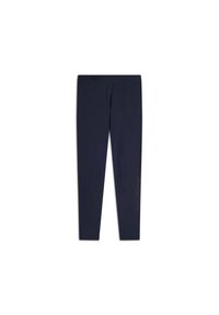Leggings blu navy con una texture liscia, vita alta e un discreto dettaglio del logo sulla parte inferiore della gamba sinistra. Design a lunghezza completa.