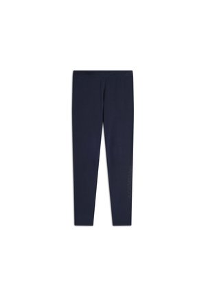 Leggings blu navy con una texture liscia, vita alta e un discreto dettaglio del logo sulla parte inferiore della gamba sinistra. Design a lunghezza completa.