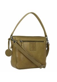 Sac à main en cuir tan avec poche zippée avant, bandoulière ajustable, anse supérieure et étiquette en cuir ronde attachée.