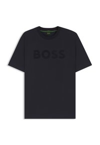 Czarny bawełniany T-shirt z okrągłym dekoltem, krótkimi rękawami oraz wyraźnym, fakturowanym logo „BOSS” z przodu.
