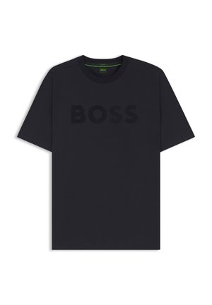 Black cotton t-shirt with a crew neck, short sleeves, and a textured “BOSS” logo prominently displayed on the front.